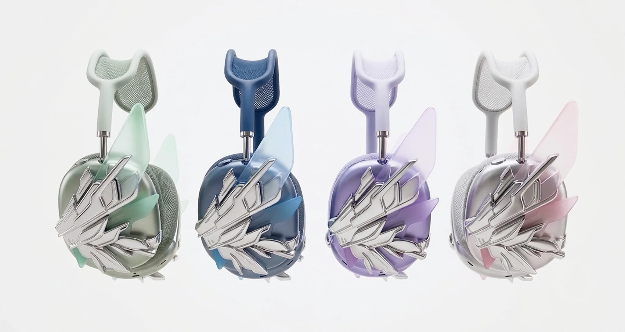 The Eri Verse colorway lineup: sage, navy, lilac and pearl winged pieces